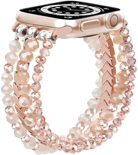 MOFREE Beaded Bracelet Apple Watch Band for Women 38mm 40mm 41mm 42mm, Elastic Stretch Women Strap Bands Compatible with iWatch Series 11/10/9/8/7/SE/6/5/4/3/2/1, Rose Gold for 5.3''-6.2'' Wrists thumbnail 6