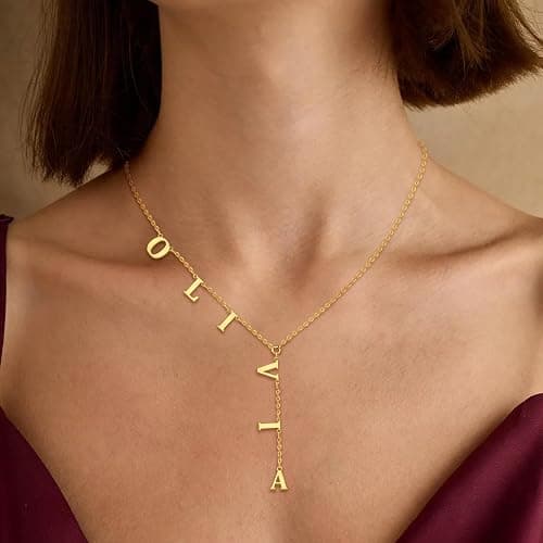ARVAE Personalized Lariat Name Necklace for Women,Custom Y-Shaped Name Necklace,18k Gold Plated Letter Initials Long Necklace Mother's Day Customized Jewelry Gifts for Mom thumbnail 3