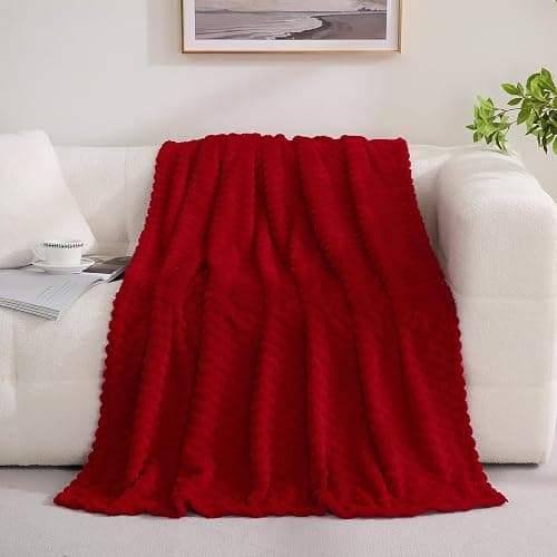 Red Throw Blanket 50"×60" inches Fuzzy 3D Jacquard Decorative Flannel Fleece Super Soft Plush Cozy Blanket for Couch Sofa Chair Lightweight - 50"×60” - Red thumbnail 2