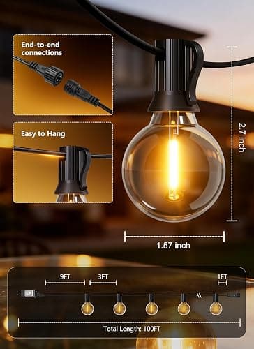 Outdoor String Lights with Remote, 100Ft Outside Waterproof Light with Dimmable G40 LED Bulbs, Shatterproof Connectable Hanging Patio Lights for Porch, Backyard, Bistro, Deck, Balcony, Home Decor thumbnail 8