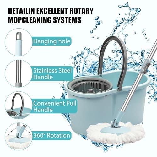 Spin Mop and Bucket with Wringer Set, 360° Spinning Mop Bucket System with 3 Microfiber Mop Replacement Heads, Adjustable Handle for Floor Cleaning (Light Blue) thumbnail 4