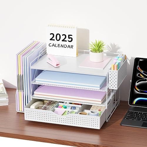 gianotter Wood Desk Organizers and Accessories with File Holder, 4-Tier Desk Accessories & Workspace Organizers with Drawer and Pen Holder, Paper Organizer for Office Supplies (White) thumbnail 5