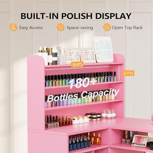 OmySalon L Shaped Manicure Table with Dust Collector, 52" L Corner Nail Desk for Nail Techs, w/Polish Display Rack Arm Rest, Acetone Resistant Top, Drawer and Cabinet Storage, for Nail Salon (Pink) thumbnail 4