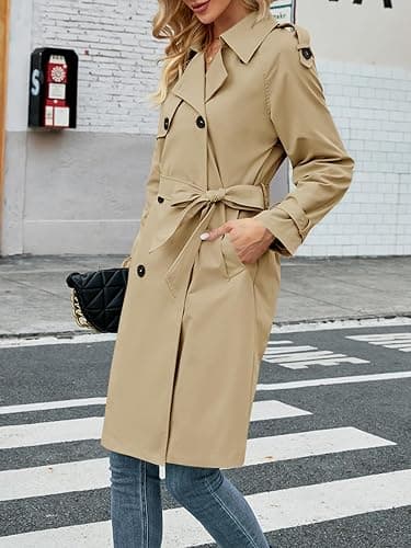 Makkrom Women's Double Breasted Long Trench Coat Windproof Classic Lapel Slim Overcoat with Belt thumbnail 2