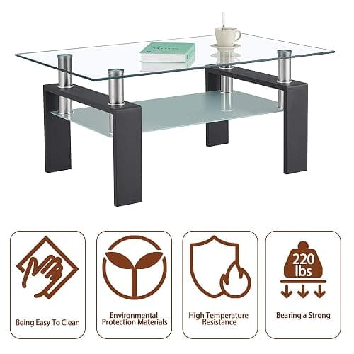 IANIYA Coffee Table with Metal Tube Legs, Glass and Rectangle End Table for Livingroom (Black) thumbnail 9