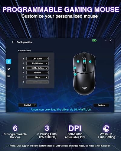 AULA SC580 Wireless Gaming Mouse, Tri-Mode 2.4G/BT5.0/USB-C Gaming Mouse, 12000 DPI Rechargeable Wireless Mouse with 6 Programmable Buttons, Ergonomic Computer Mouse for Laptop/PC/Mac/Tablet thumbnail 7