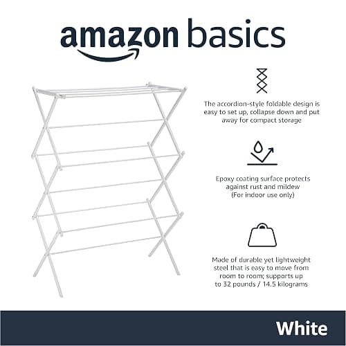Amazon Basics Foldable Portable Clothes Drying Rack for Indoor Air Drying, Collapsible Design, 14.5" D x 29.5" W x 41.8" H, White thumbnail 4