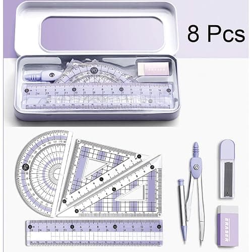 8 Pcs Purple Geometry Set Cute Compass Set with Maths Protractor Rulers, Math Set for Drawing Measuring Tools, Kawaii Ruler Kit for Class Women Girls School Supplies (Purple) thumbnail 6