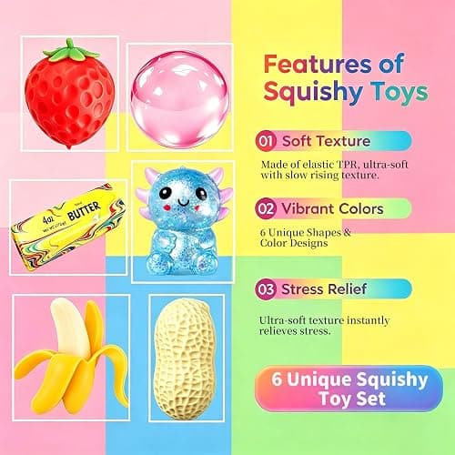 Squishy Toy Pack, Sensory Stress Relief Fidget Toys, Slow Rising TPR, 6 Pack Fun Food Squishy Set, Gifts for Kids and Adults, Birthday Party Favors, Classroom Prizes, Office Desk Decor thumbnail 2