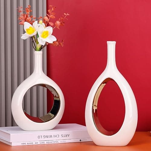 White and Gold Vase Ceramic White Vases Home Decor,Modern Minimalist Circle with Hole Decorative Vase, Hollow Ellipse Flower vases for Bookshelf, Fireplace Mantle, Centerpieces,Farmhouse,Rustic Décor thumbnail 5