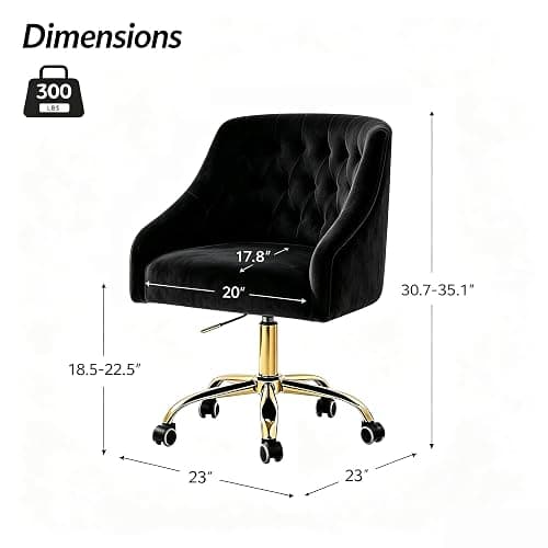 MOJAY Velvet Office Swivel Chair, Vanity Chair, Fabric Desk Chair, Pretty Fancy Chair, Gold Office Chair for Girls, 360°Swivel Height Adjustable Reception Chair (Black) thumbnail 2