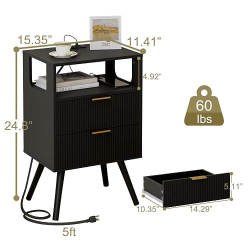 JOONEE Black Nightstand with Charging Station and LED Lights,Modern Bedside Table with 2 Storage Drawer and Open Wood Shelf, for Bedroom and Small Spaces,Night Stand with Solid Wood Legs,Black thumbnail 2