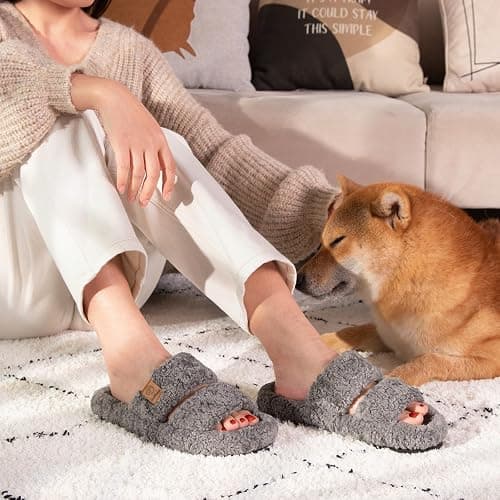 EverFoams Womens Fuzzy Open-toe Slippers Soft Comfy Memory Foam Indoor House Shoes thumbnail 2