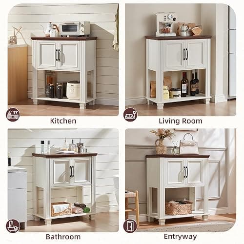 SAVOR LIFE Farmhouse Coffee Bar Table with 2-Door Cabinet, Kitchen Storage Cabinets with Open Shelf, Coffee Station for Dining Room, Kitchen, Hallway, Living Room, White thumbnail 7