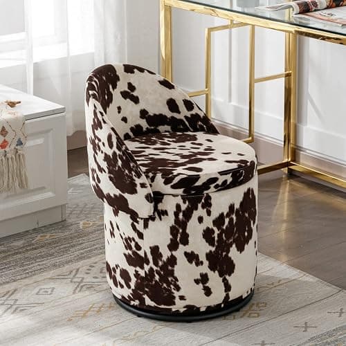 Ya-Home Modern Swivel Ottoman Vanity Chair, Linen Upholstered Barrel Club 360°Degree Swivel Side Stool with Storage, Comfy Makeup Stool for Bedroom Living Room, Milk Cow - Image 1