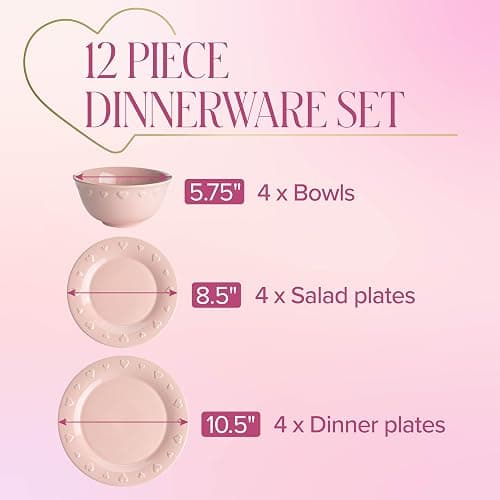 Paris Hilton 12-Piece Dinnerware Set, Embossed Hearts. Iconic Ceramic Stoneware Service for 4 with Dinner Plates, Salad Plates, and Bowls, Microwave & Dishwasher Safe, Pink thumbnail 6