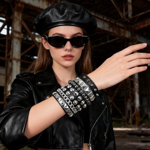 Retro Vintage Emo Goth Y2K Studded Leather Cuff Bracelet Set for Men Women | 4Pcs/Set, Multiple Bangle Wristbands 80s 90s 2000s Punk Rock Concert Jewelry Accessories Street Hip Hop Outfit thumbnail 5