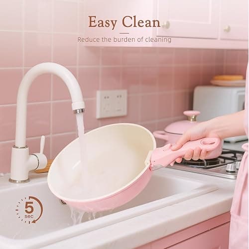 Astercook 21 Pcs Pots and Pans Non Stick Ceramic Cookware Set, Detachable Handles, RV Kitchen Cooking Set, Oven Safe, Induction Ready, Stackable, Pink thumbnail 8