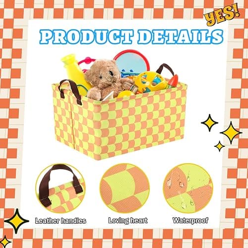 Yoojahow 3 Pack Storage Baskets Waterproof Canvas with Leather Handles Storage Bins Basket Organizer Collapsible for Closet Clothes Room Decor(Black, Yellow, Blue,Cartoon) thumbnail 4