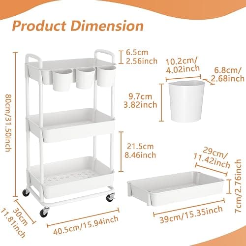 JIUYOTREE 3-Tier Plastic Rolling Storage Cart Utility Cart with Extra Hanging Cups Handles Lockable Wheels for Living Room Bathroom Kitchen Office White thumbnail 2