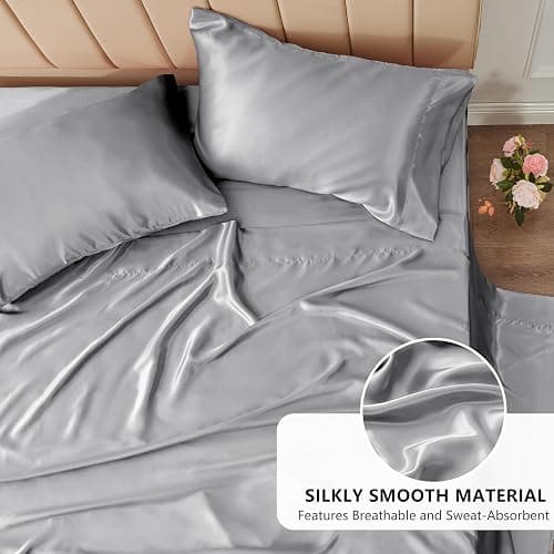 CozyLux Satin Sheets Full Size Sheets - 4 Piece Silky Full Size Bed Sheets, Luxury Light Grey Full Bed Set with Smooth and Soft Microfiber, Includes 1 Fitted Sheet, 1 Flat Sheet and 2 Pillowcases thumbnail 3