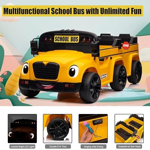 24V 2 Seater Ride on School Bus 4WD Kids Ride on Car, 6 Wheels Battery Powered Car w/Remote Control, Electric Cars for Kids to Drive, LED Light, Music, Bluetooth for Boys & Girls thumbnail 5