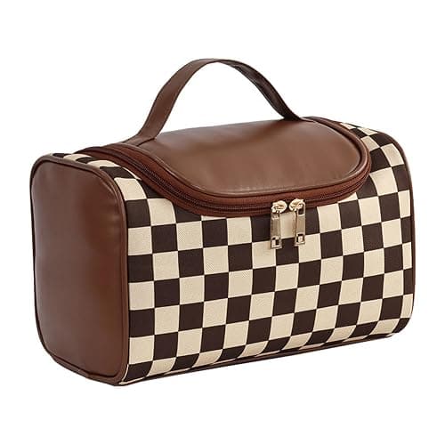FEEZUSH Makeup Bag, Travel Portable Checkered Pattern Cosmetics Skincare Storage Bag (Brown) - Image 1