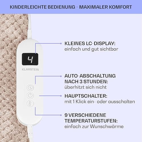Klarstein XL Elektrische Kuscheldecke, Heizdecke mit Abschaltautomatik, 180x130 cm Elektrische Wärmedecke Maschinenwaschbar, Doppelseitige Heizdecke für Bett & Sofa, Wärme Decke mit 9 Heizstufen thumbnail 6