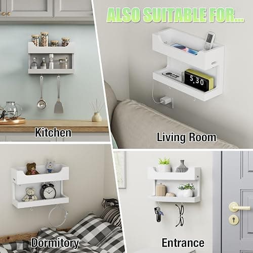 NiHome Wall Mounted Wooden Bedside Accessories Organizer, Double Tray Bedside Wall Storage Shelf Rack with Magnetic Hooks, Bedroom Dorm Wall Caddy Holder for Phone Glasses Alarm Clock Remote (White) thumbnail 7