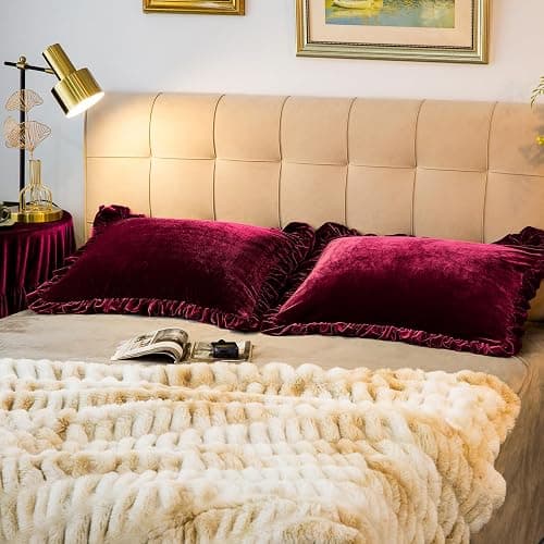 GLORY SEASON Velvet Pillow Shams Set of 2 Retro Ruffle Flounces Trim Soft Decorative Luxurious Solid Amaranth Farmhouse Vintage Pillow Cases for Bedroom Decor Standard 20x26 Inch thumbnail 3