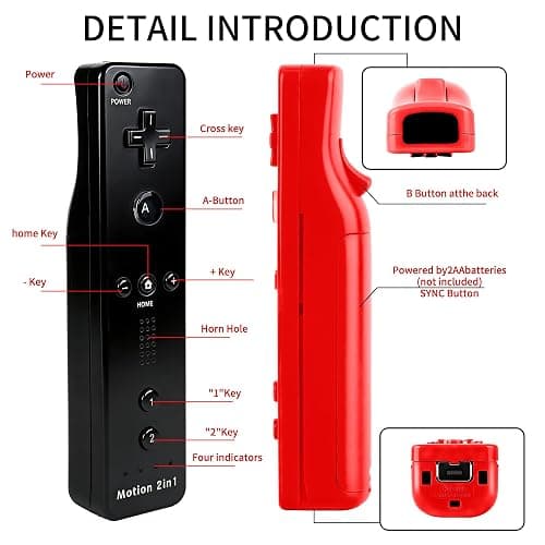 PaveRovi 2Pack Motion Plus Wii Controllers with Nunchucks,Wii Remote Controllers with Built in Motion Plus Compatible for Wii/Wii U Consoles(Red+Black) thumbnail 4