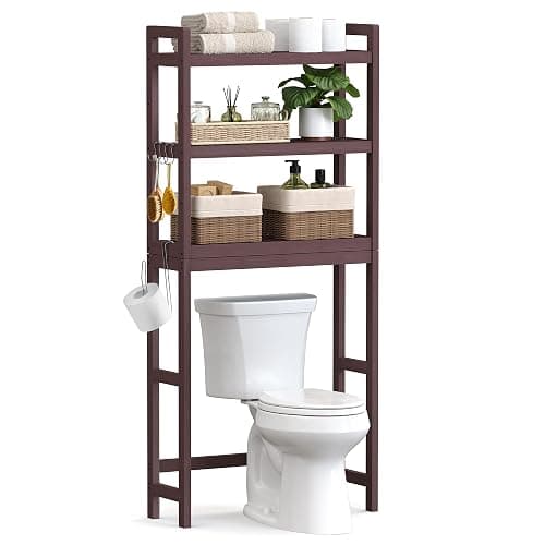 SONGMICS Over The Toilet Storage, 3-Tier Over Toilet Bathroom Organizer with Adjustable Shelf, 10.2 x 24.8 x 66.9 Inches, Space-Saving, Brown UBTS01BR - Image 1