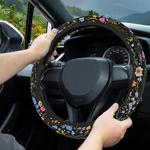 Wildflower Car Steering Wheel Cover, Flower Car Accessory for Diverse Cars, Cute Floral Print Steering Wheel Cover Protector for Women, for Steering Wheel with a Diameter of 14.5"-15" (Wildflower) thumbnail 4
