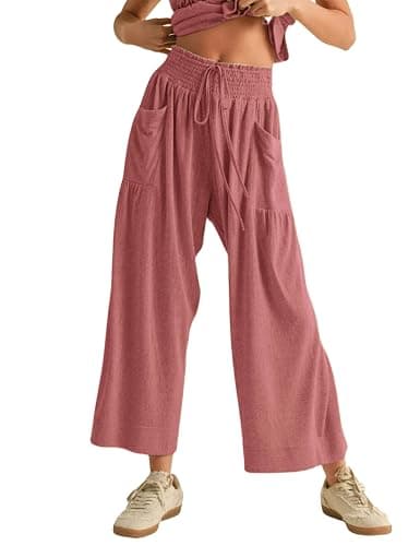Antnation Womens 2 Piece Smocked Top Wide-Leg Pants Set High-Waisted Lounge Outfit with Pockets Casual Boho Matching Set thumbnail 4