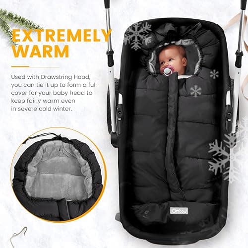 Orzbow Universal Toddler Stroller Footmuff, Winter Warm Water-Repellent Bunting Bag for Babies, Toddlers and Kids - Cold Weather Zipper Blanket Cover for Strollers and Car Seats Accessories, Black thumbnail 6