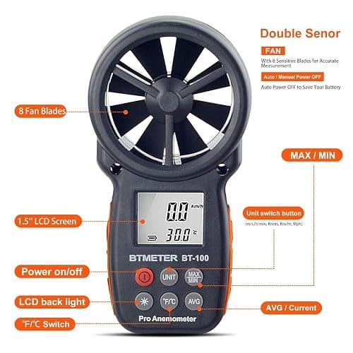 BTMETER BT-100 Handheld Anemometer, Digital Wind Speed CFM Meter Gauge Air Flow Velocity Tester for HVAC Shooting Drone, Wind Chill, 14℉-113℉ Wind Temperature thumbnail 4