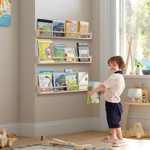 birola Nursery Book Shelves for Kids Rooms - 32 Inches Floating Wall Bookshelves Set of 3, Space-Saving Nursery Shelves with Beads Design for Kids Room, Bedroom and Study Room(Natural) thumbnail 4