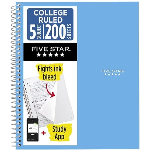 Five Star Spiral Notebook + Study App, 5 Subject, College Ruled Paper, 8-1/2" x 11", 200 Sheets, Fights Ink Bleed, Water Resistant Cover, Pacific Blue (73635) - Image 1