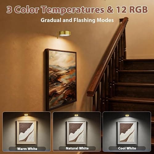 Bawoo 3Pcs Picture Lights for Wall RGB Magnetic Rechargeable Wall Lights,Wireless Battery Operated Art Lights for Paintings,Remote, Dimmable, Timer,Stick On Display Lamp,Poster Light,Puck Light,Gold thumbnail 3