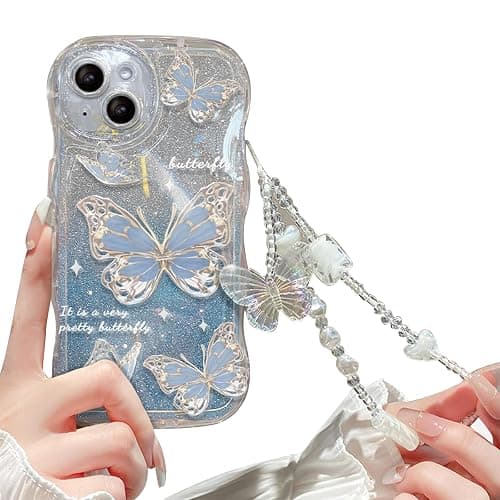 Cutecasee Compatible with iPhone 14 Case for Women/Girls, Cute Butterfly Glitter Bling with Bracelets Anti-Scratch Shockproof Case for iPhone 14, Blue with Bracelets - Image 1