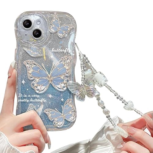 Cutecasee Compatible with iPhone 14 Case for Women/Girls, Cute Butterfly Glitter Bling with Bracelets Anti-Scratch Shockproof Case for iPhone 14, Blue with Bracelets - iPhone 14 - Blue with Bracelets
