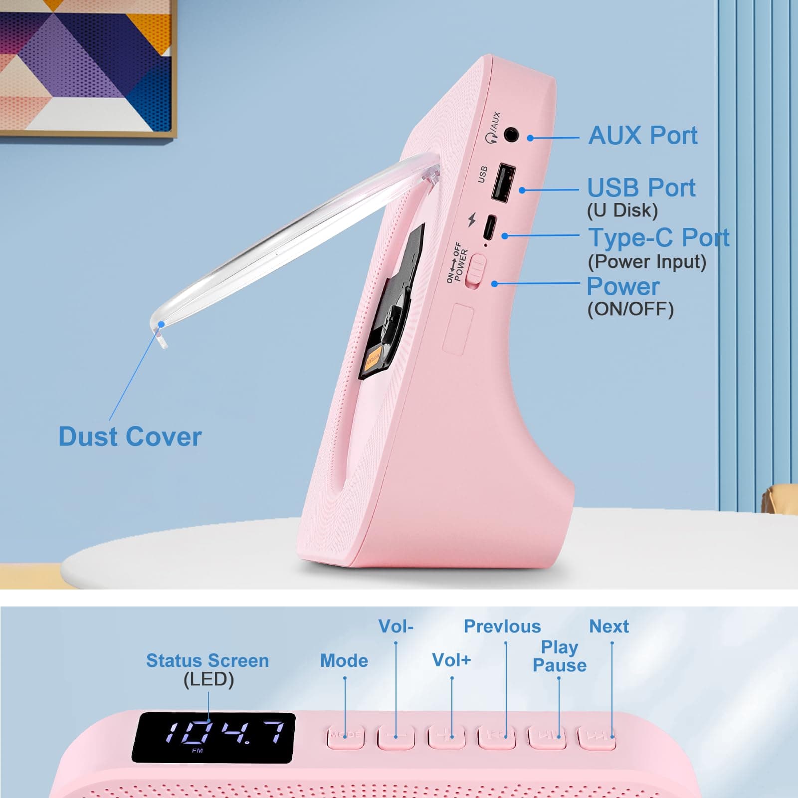 Pink CD Player Bluetooth, Portable Desktop CD Player with Speakers | Kpop Music Boombox with Bluetooth/FM Radio/AUX/USB Input, Timer Setting, LED Display, Small Cute CD Player Gift for Kids thumbnail 7