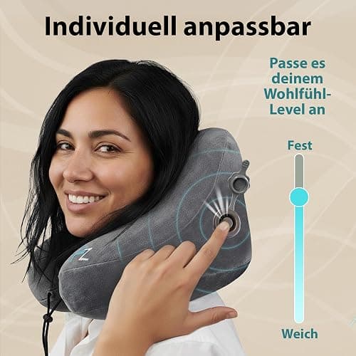 FLOWZOOM AIR Aufblasbares Nackenkissen mit Haube, Grau, L | H-Form, 5 Schlafpositionen, Verstellbare Festigkeit, Waschbarer Bezug, Ohrstöpsel, 260 g leicht thumbnail 7
