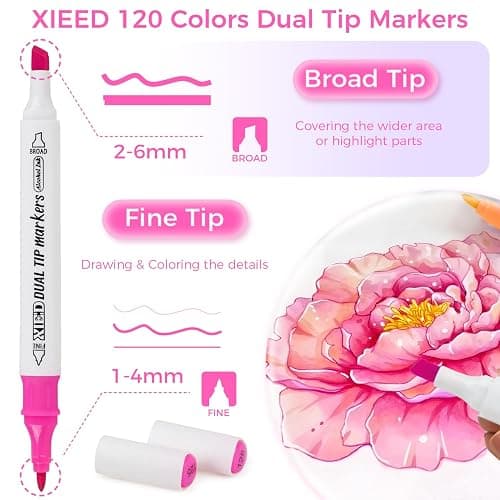 XIEED [2025 Upgraded Alcohol Markers, 120 Colors Premium Hexagonal Markers Set Gift Box for Kids, Students, Adults, Artists in Coloring & Drawing(Fine &Broad) thumbnail 3