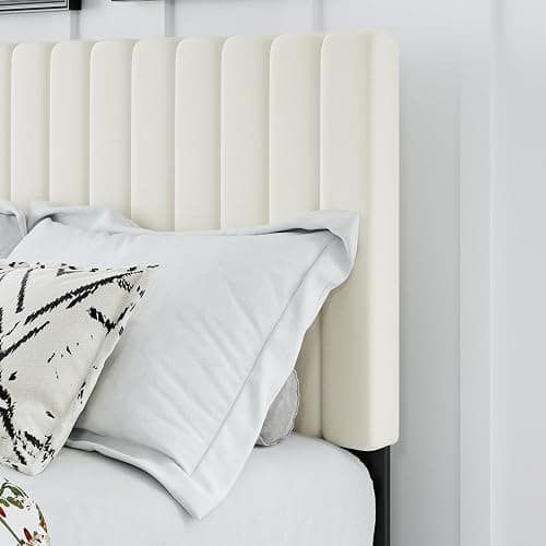 AILUNWALL Queen Size Bed Frame, Velvet Upholstered Platform Bed with Adjustable Tufted Headboard, Sturdy Frame and Slats, Noiseless, No Box Spring Required, Easy to Assemble, Beige thumbnail 4