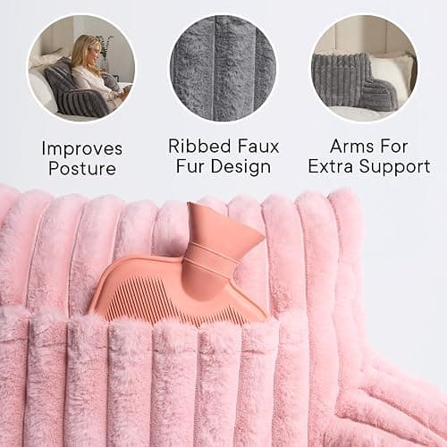 OHS Reading Pillow Faux Fur Ribbed, Heatable Pocket Cuddle Cushion for Bed Super Soft Cosy Pillow with Arms Support Pillows for Sitting up in Bed, Blush Pink thumbnail 5