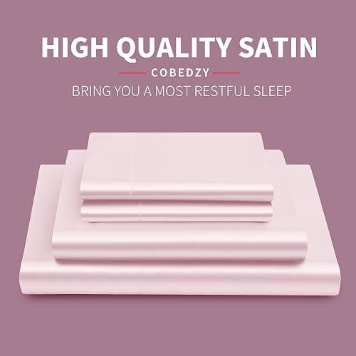 Cobedzy 4 Pcs Blush Pink Satin Sheets Full Size Silky Satin Bedding Sheets Set with 1 Deep Pocket Fitted Sheet, 1 Flat Sheet, 2 Pillowcase thumbnail 2