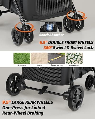 NUGUTIC Dog Stroller for Large & Medium Dogs Up to 80 Lbs, Black | Pet Stroller for 2 Small Dogs, Extra Large Heavy Duty, Folding & Breathable, All-Terrain Wheels thumbnail 5