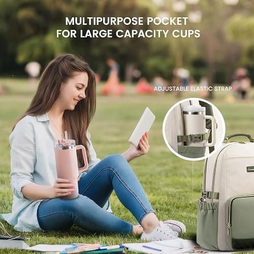 LOVEVOOK Laptop Backpack for Women with Pouch Pocket for Large Capacity Cup,15.6 Inch Laptop Computer Bag Travel Backpack Purse,Waterproof Work College Teacher Bags,White-Bean Green-Dark Olive Green thumbnail 2