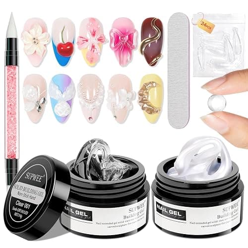 SUPWEE Clear and Pearl White Nail Extension Gel 3D Nail Art Sculpture Gel | 3d Sculpture Gel Hard Gel with Silicone Pen for Carving Patterns Decoration Home Manicure DIY for Women - Image 1